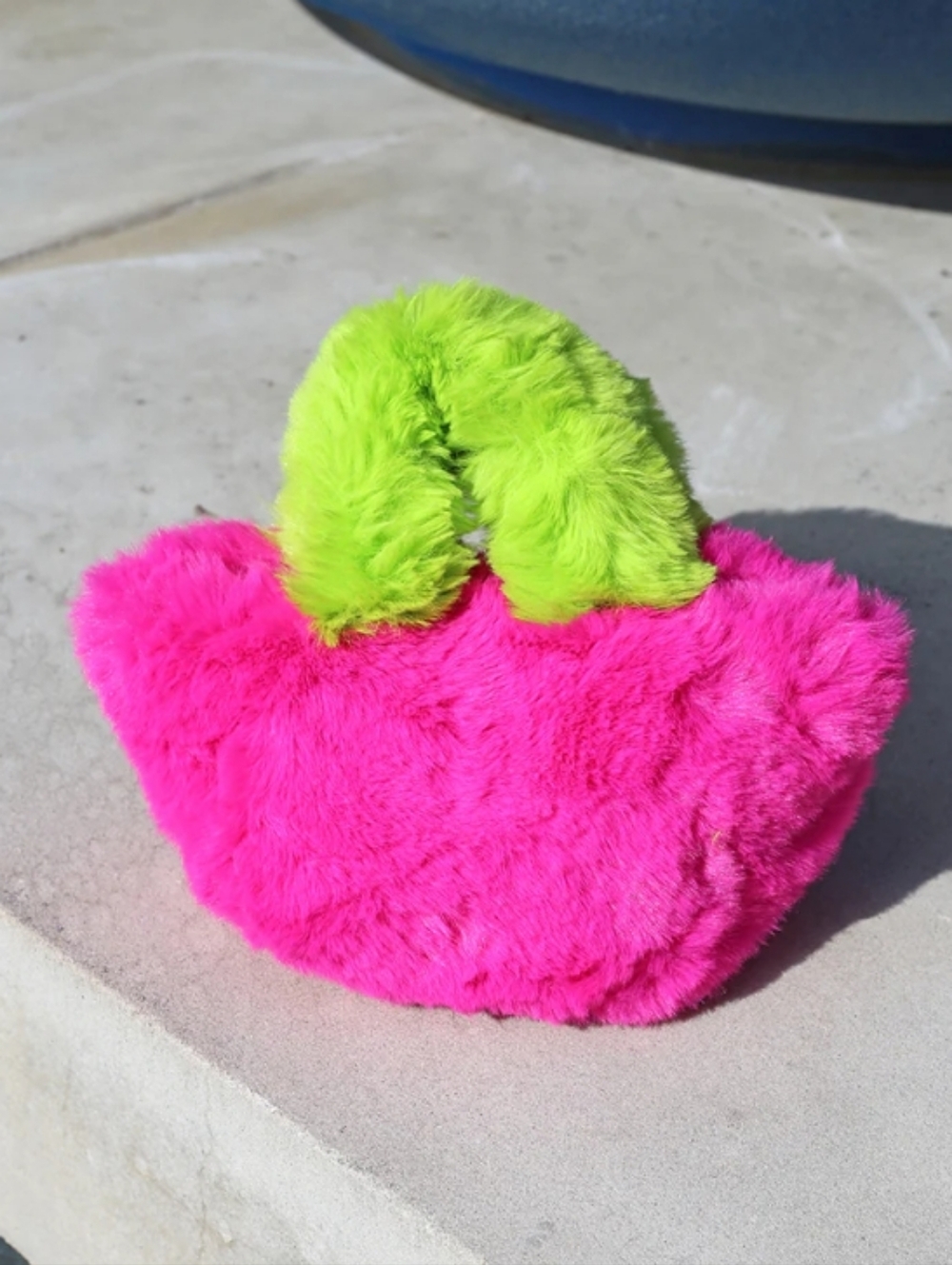 New Vibrant  Fuzzy Neon Pink Mini Tote Bag with Neon Green Handles Women's